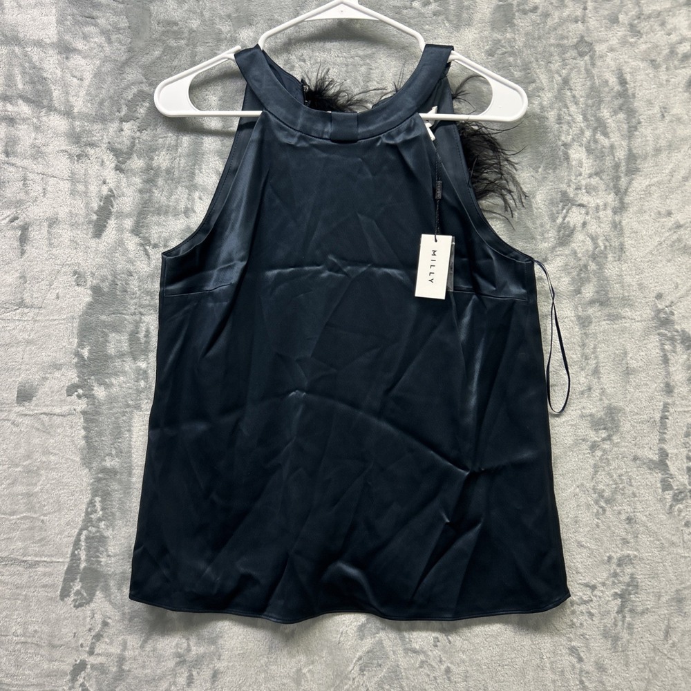 Milly Shirt Womens Small Blue Vienna Hammered Satin Feather Top